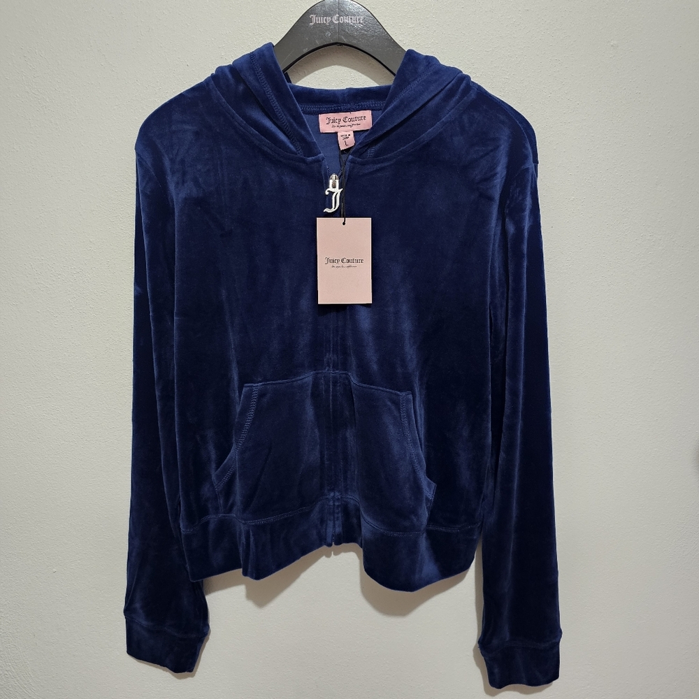 Juicy Couture Navy Velour Hoodie & Shorts Set with Rhinestone Juicy Logo Sz L - Picture 4 of 7